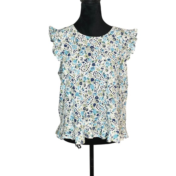 Solitaire Tops - Solitaire Embroidered Eyelet Babydoll Top‎ Peplum Ruffles Blue Green Floral XL